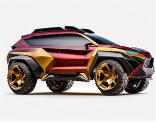 A dashing and ferocious future off-road car.  Red and gold. Generative AI