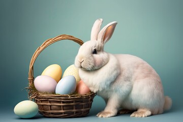 Easter bunny and easter eggs. Generative AI.