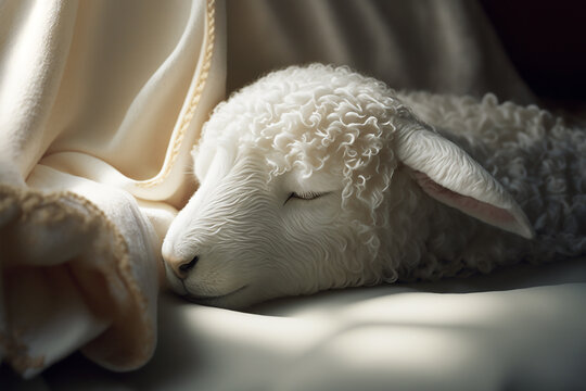 Cute White Lamb Sleeping. Created with Generative AI.