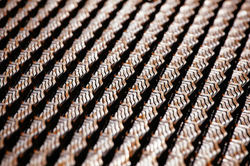 Pack of iron grid fence, close up, selective focus