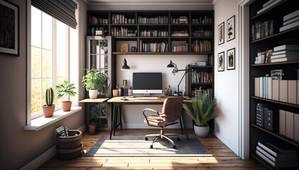 Spare bedroom office. bright home office with large windows, bookshelf and houseplant. Work from home virtual office space for online business.   