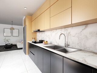Kitchen with living room in the background and interior decoration. 3d rendering, interior design, 3d illustration