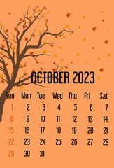 calendar october 2023. calendar template with falling leaves. autumn concept. isolated light orange colored background. week starts sunday