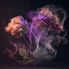Flowers in the smoke.Flowers in the smoke on a dark background. Flowers and smoke. Growth. Generative AI.