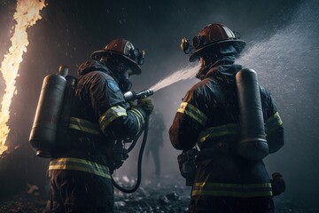 Two brave firefighter in fire suit on rescue duty using water. AI Generation