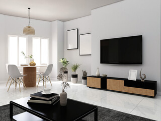 Obraz na płótnie Canvas Living room with tv, dining room and interior decoration with plants and frames. 3d rendering, interior design, 3d illustration