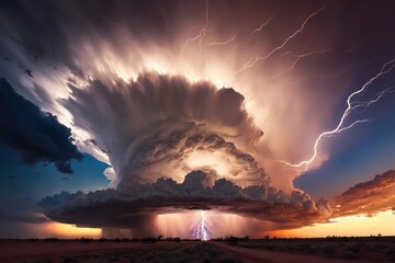 Amazing thunderstorm supercell cloud with lightning bolts flashing over horizon. Generative ai illustration. - 577829013