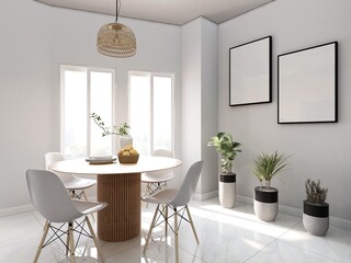 Dining room with two blank vertical frames and interior decoration. 3d rendering, interior design, 3d illustration