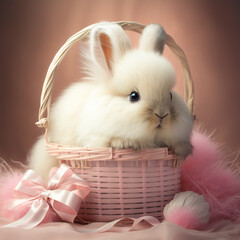 White fluffy Easter bunny in a wicker basket on a pink background. Generative AI