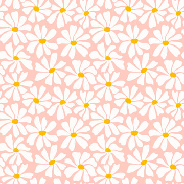 Groovy Daisy Flower Seamless Pattern. Cute Hand Drawn Floral Background.