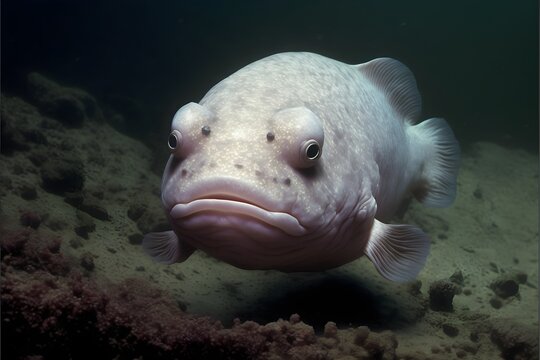 Sad unhappy cute blob fish character under water sea bottom