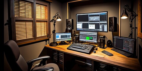 Podcasting studio - home streaming/podcaster room to record and stream podcasts. Audio setup with microphone, monitors, desk. Generative AI