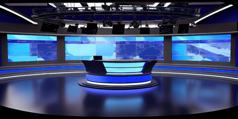 TV News studio - recording and broadcasting media in a modern set design with blue background for journalists. Generative AI - obrazy, fototapety, plakaty