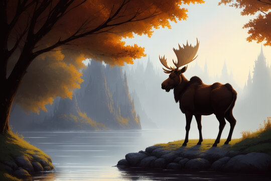 Colorful magic moose, cartoon style painting. Generative ai art illustration