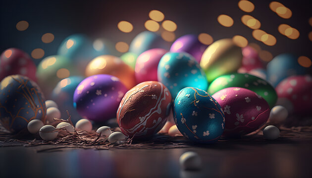colorful easter eggs with ornaments 