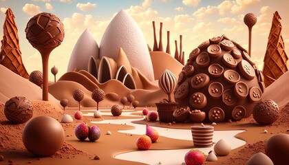 Fantasy world consisting of chocolate and candy, super sweet, dreamland, sugar paradise, candyland created with generative ai technology