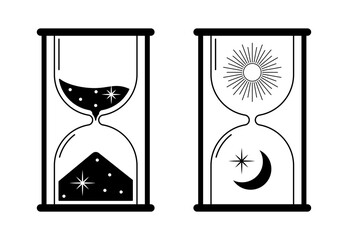 Vector vintage hourglass with dark starry sand inside to measure time. Esoteric astrology symbol isolated on white