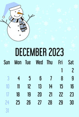 Calendar December 2023. calendar template with snowflakes and snowman. winter concept. Isolated on blue background. Week starts sunday