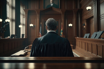 Cinematic Court of Law and Justice Trial: Portrait of Impartial Male Judge Listening To the Pleaded Case. AI Generation