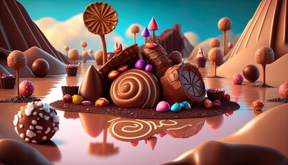 Fantasy world consisting of chocolate and candy, super sweet, dreamland, sugar paradise, candyland created with generative ai technology