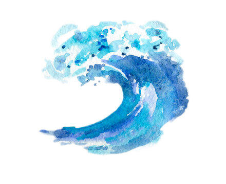 Watercolor blue sea wave. Hand-drawn illustration isolated on the white background