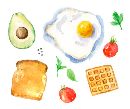 Watercolor set of breakfast food. Hand-drawn illustration isolated on the white background