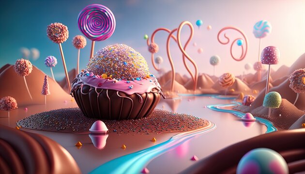 Fantasy world consisting of chocolate and candy, super sweet, dreamland, sugar paradise, candyland created with generative ai technology