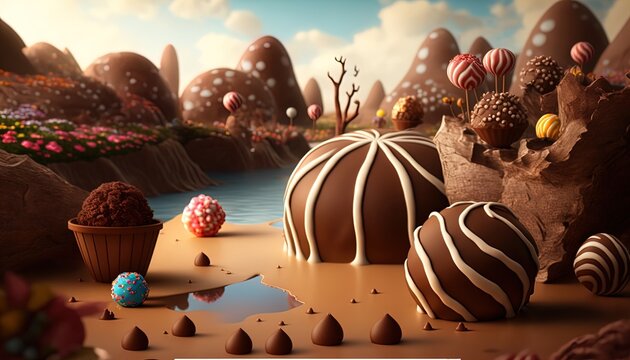 Fantasy world consisting of chocolate and candy, super sweet, dreamland, sugar paradise, candyland created with generative ai technology