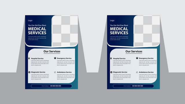 Medical flyer template vector design for hospital service and healthcare services company, Magazine, Poster, Corporate Presentation, Portfolio, Info-graphic, Layout, Modern, Blue color, A4 Size, Image