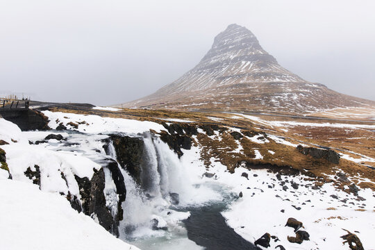 huge waterfall on the winter scenery