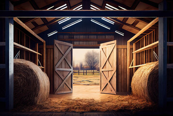 Interior of farm barn with hay created with AI - obrazy, fototapety, plakaty