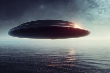 Fototapeta na wymiar Cartoon style of a huge UFO spacecraft flying low over water, created with Generative AI technology