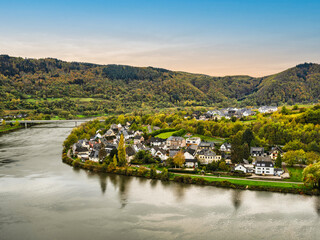Senhals village on the Moselle river bend and lush mountain in Cochem-Zell district, Germany