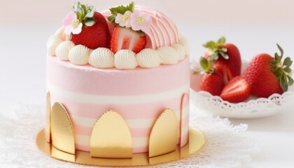 Strawberry cake for a little girl birthday party. Generative AI