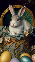 illustration of a rabbit in an easter basket created with Generative AI Technology