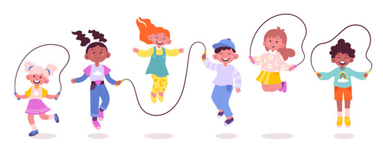 Happy children jump rope flat icons set. Leisure time for boys and girls. Sport and activity. Jumping through cord