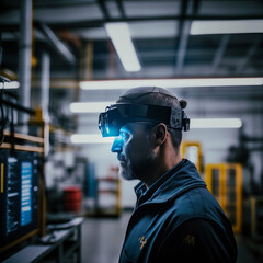 Man wearing augmented reality headset (AR) standing in industrial production site