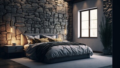 Modern bed room with stone wall so that you can be close to nature