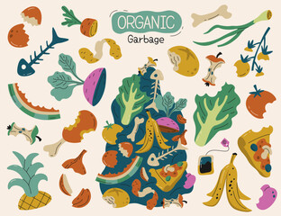 Sorted organic garbage flat icons set. Utilization of food waste. Potato peels, piece of pizza tomatoes eggshell