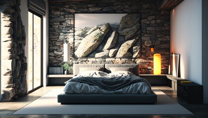 Modern bed room with stone wall so that you can be close to nature