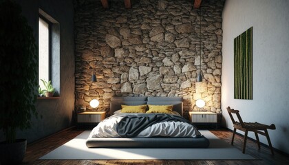 Modern bed room with stone wall so that you can be close to nature