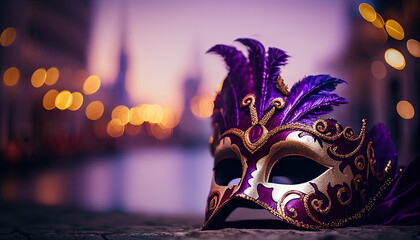 venetian mask on bokeh background Venice carnival purple generative AI