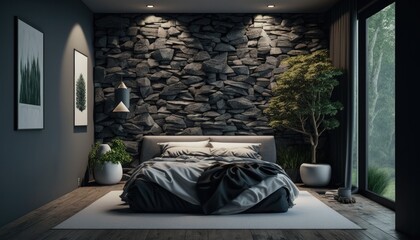 Modern bed room with stone wall so that you can be close to nature