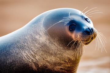 Fototapeta premium cute beautiful seal lies on the shore of the ocean waters, generative AI