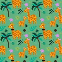 Fototapeta na wymiar Cartoon summer animals seamless giraffes pattern for wrapping paper and kids clothes print and fabrics
