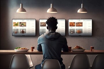 un homme assis de dos dans un fast food en face de trois écrans présentant les menus - generative ai - obrazy, fototapety, plakaty