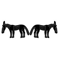 Symmetrical design with two stylized horses. Black and white silhouette. Permian animal style from ancient Siberia.