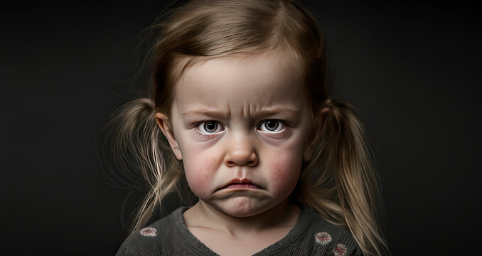 Closeup Of A 2 Year Old Caucasian Girl In Pigtails With Very Angry Expression Created With Generative AI Technology