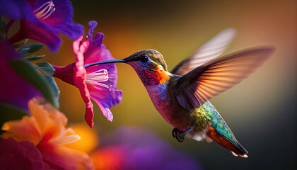 Obraz premium colorful hummingbird drinking out of a hibiscus flower generative AI