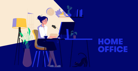 Woman working from home at night. Woman sitting at desk in dark room, looking at computer screen. Freelancer or blogger home office concept. Flat Design Vector Illustration